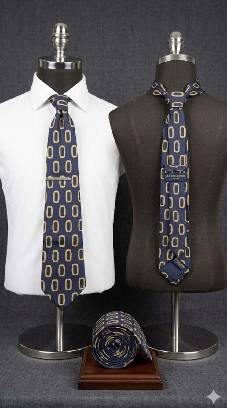 Silk Collection London Navy Blue and Gold Geometric Pattern Silk Necktie